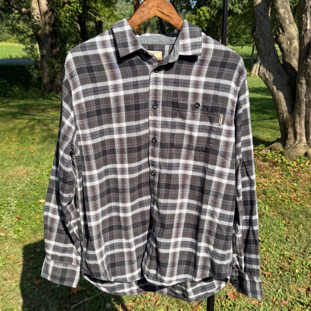 Woolrich Mens L Gray Plaid Long Sleeve Cotton Flannel Button Down Shirt Outdoors